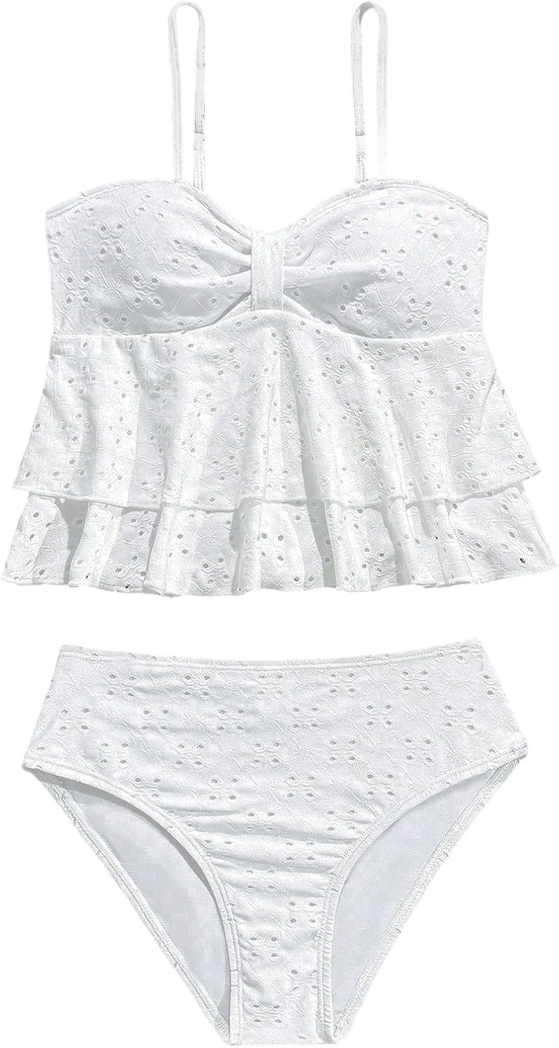 SHENHE Girl's Ruffle Tankini Swimsuits 2 Piece Spaghetti Strap Layered Eyelet Bathing Suits