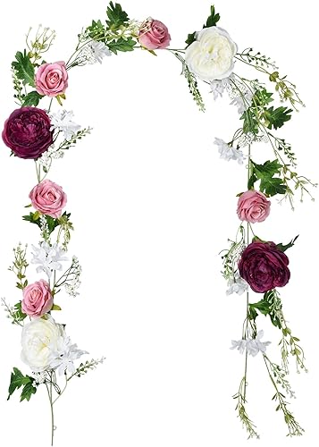 Miniatura 7 de Lvydec Paquete de 2 guirnaldas artificiales de peonía  Guirnalda de flores rojas de peonía de seda de 6 pies para decoración de mesa de boda (azul y