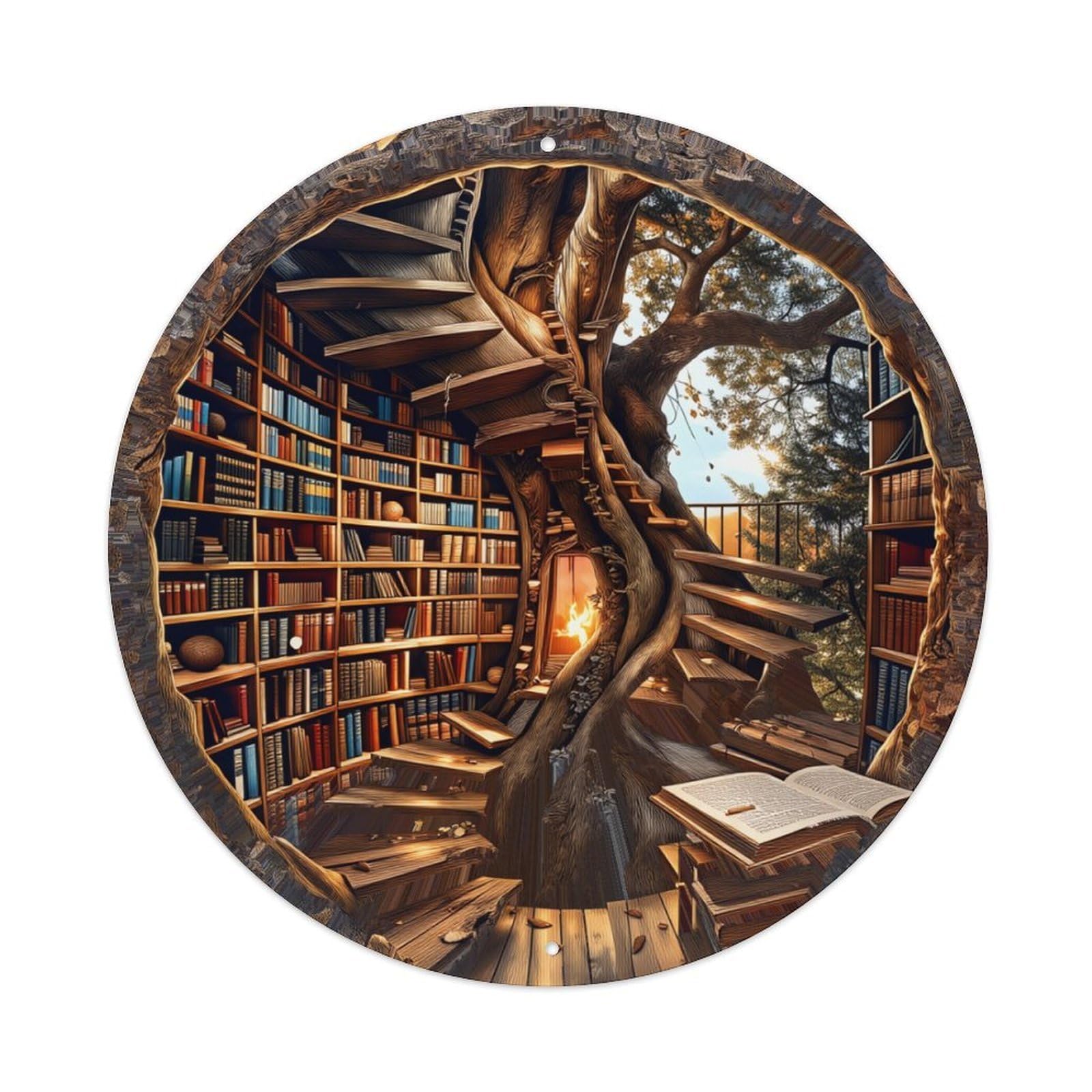 Enchanted Tree Library Staircase Bookshelf Round Tin Sign Retro Metal Sign for Cafe Bar Pub Home Game Room Gym Club Wall Decoration Vintage Metal Poster 8x8 Inch