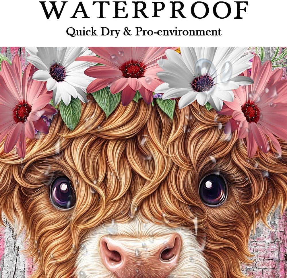 Funny Highland Cow Daisy Flower Shower Curtain, Rustic Wooden Barn Door Farm Animal Shower Curtain Set Farmhouse Western Bath Curtain Modern Cattle Bull Bathroom Accessories Home Decor 70X84in