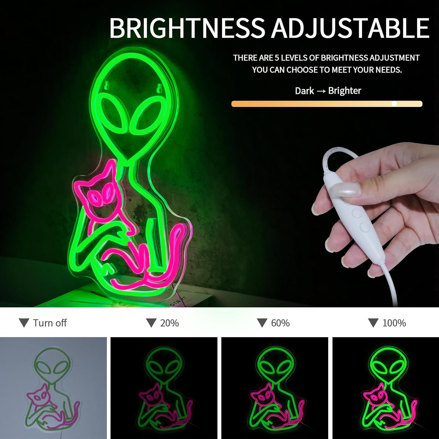 Alien Neon Sign for Wall Decor Dimmable Aliens Cat Led Lights Signs for Bedroom Green Neon Light for Game Room Man Cave Bedroom Party Decoration Gift for Kids Boys - Image 4