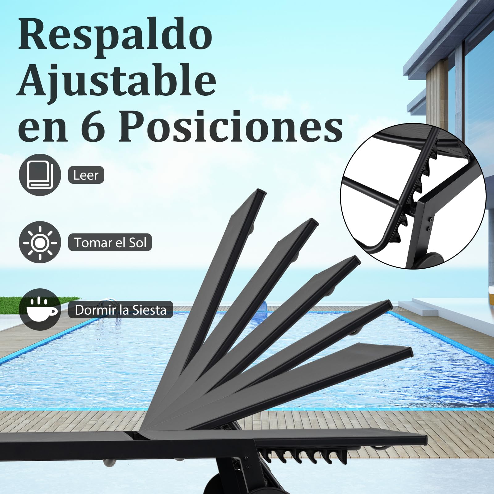 COSTWAY Tumbona Jardin Exterior con Ruedas, Tumbona Reclinable Textilene con Mesita de Cristal Templado, Respaldo Ajustable de 6 Niveles, Espreguiçadeira Jardim Playa Piscina Terraza, 150kg (Gris)