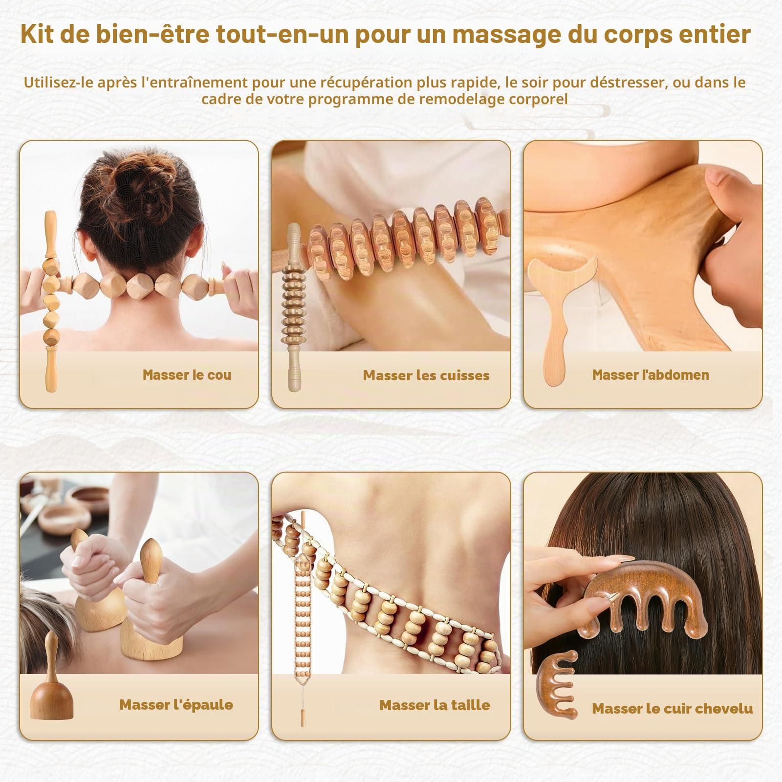 Ensemble d'outils de massage 6 en 1 pour thérapie du bois, kit de drainage lymphatique de bois avec rouleau de fascia, Gua Sha, outils de sculpture corporelle pour contourner et façonner