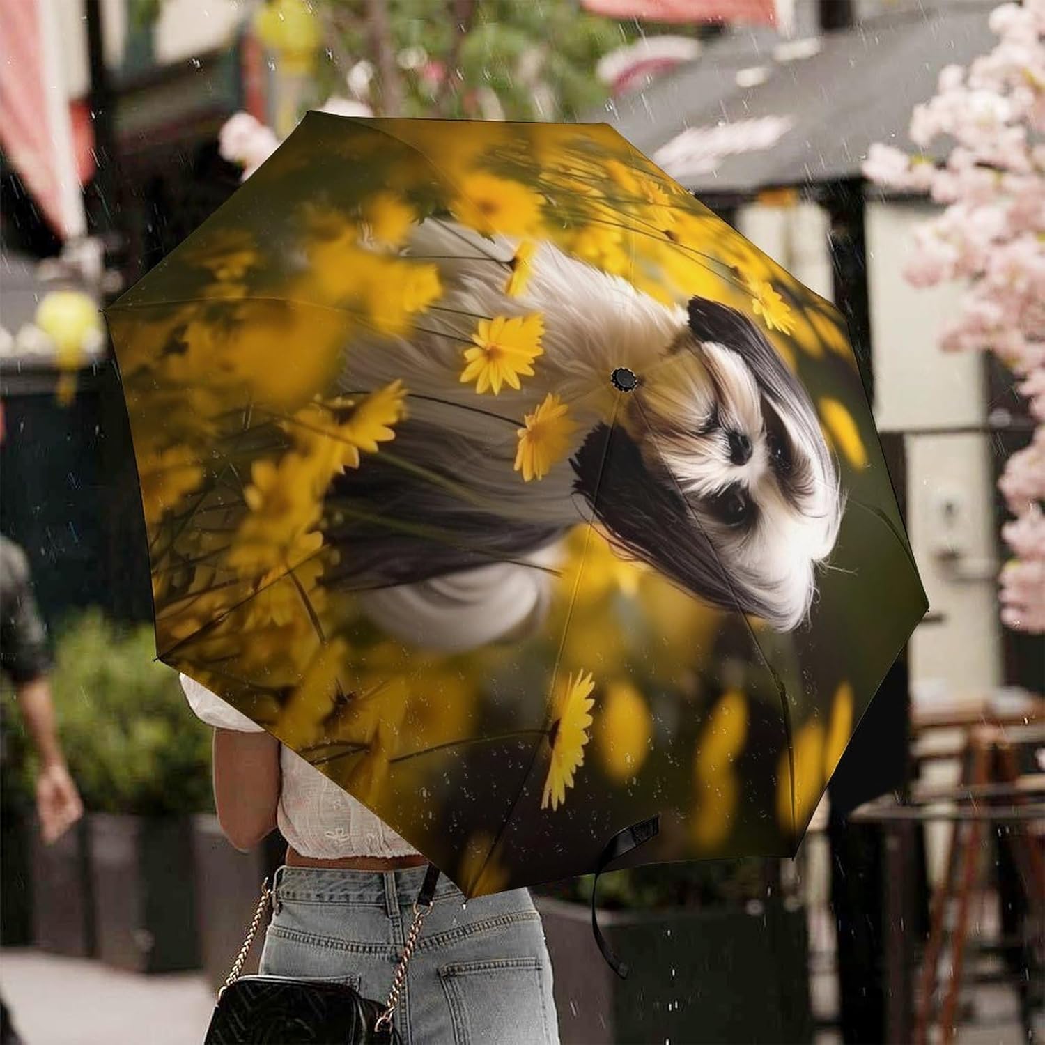 Flower Field Cute Shih Tzu Dog 3 Fold Umbrella Windproof UV Rain Umbrellas Portable Travel Folding Umbrella