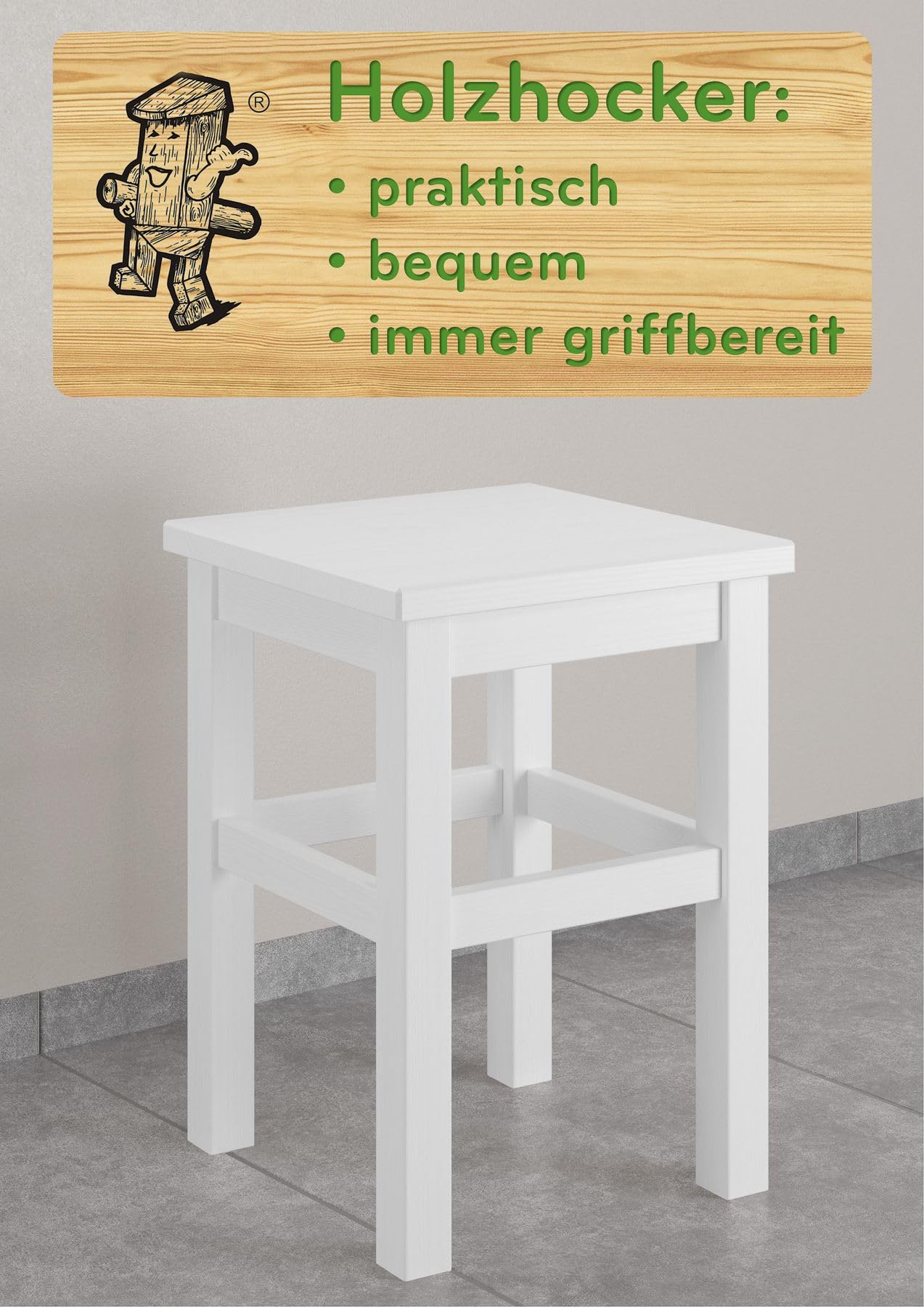 Erst-Holz Tabouret en Bois Massif sans Dossier en pin Massif Naturel ou Blanc V-90.71-41pin Blanc