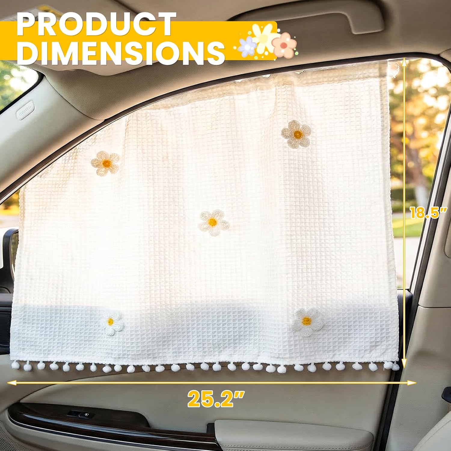 2 PCS Car Window Sun Shade, 25.2" × 18.5" Cute Cartoon Auto Side Window Shade for Privacy Protection, Lovely Cotton Vehicle Sun Heat & UV Protection Cover for Side Windows