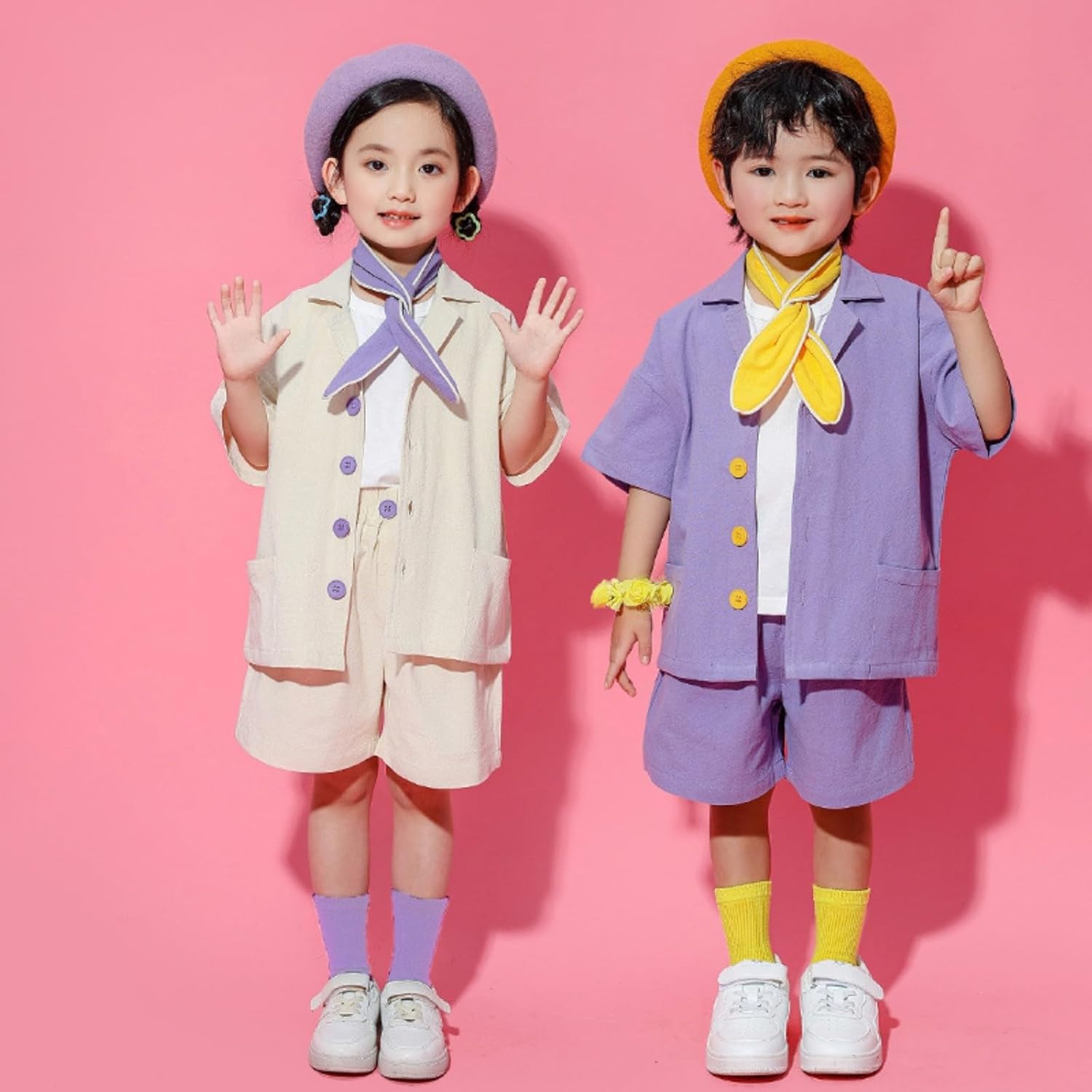 Boys Girls 2 Piece Outfit Teen Collar Button down Short Sleeve Shirt Matching Elastic Waist Shorts Set Casual Clothes