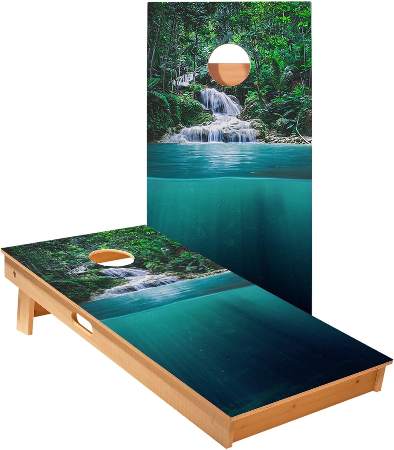 Skip's Garage Forest Waterfall Cornhole Boards - Includes (2) Boards (NO Bags) + (1) Black Carrying Case