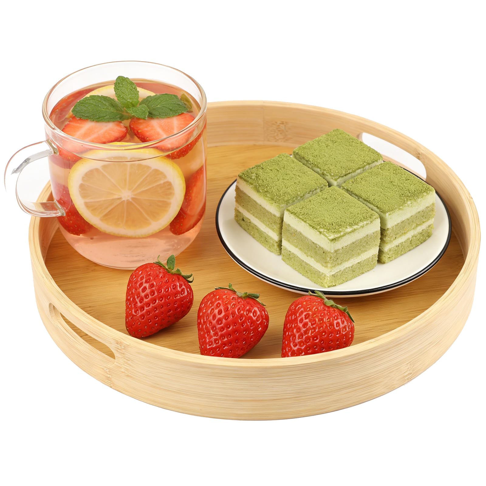 Calolin Round Wooden Serving Tray, 13.8 Inch Wood Serving Tray with Handles and 2 Inch Raised Edge, Natural Wood Grain, Easy to Clean for Serving Food, Drinks, and Breakfast