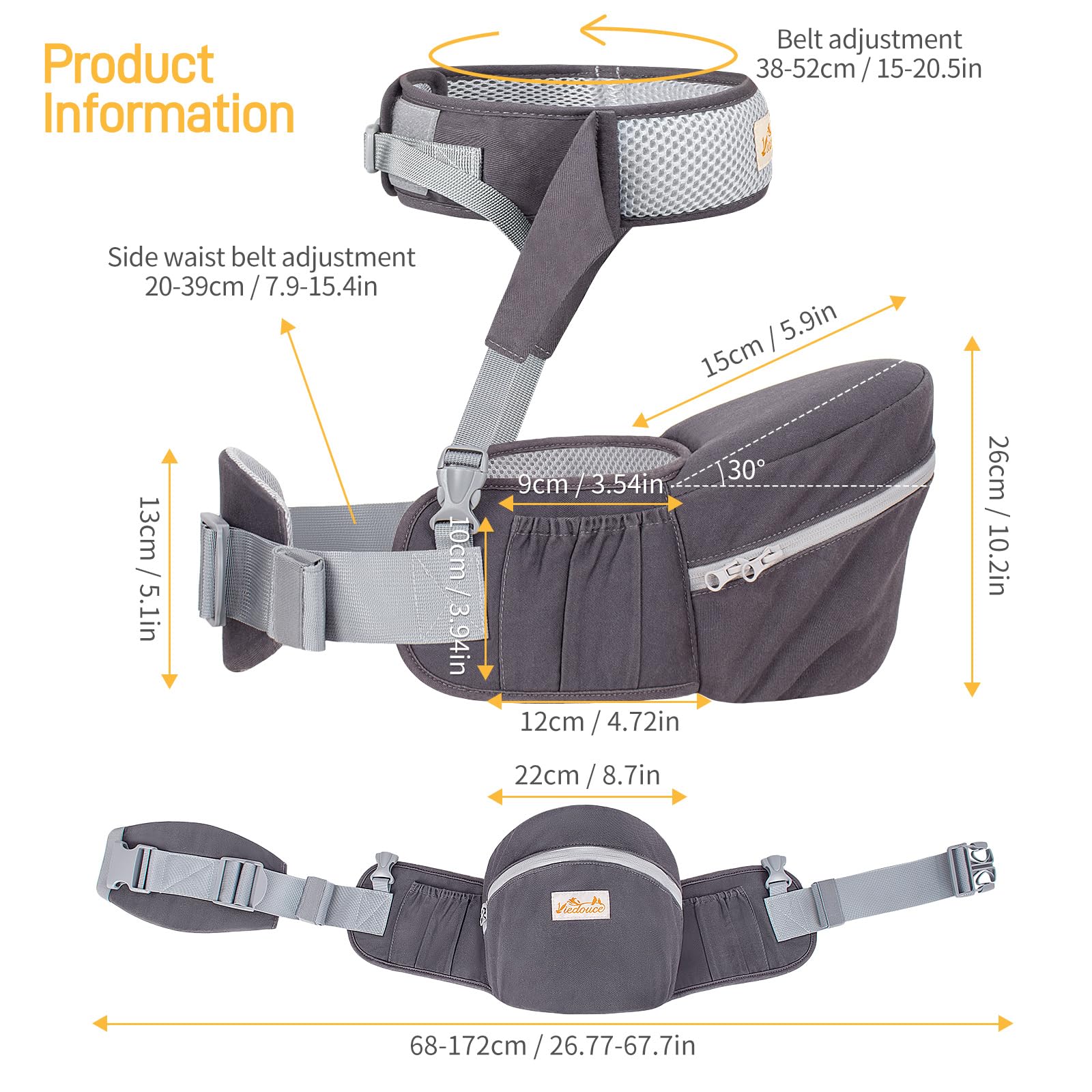 Viedouce Hüftsitz Baby, Ergonomische Hüfttrage Trageshilfe mit Sicherheitsgurt Schutz für Babys und Kleinkind, Leichte und Bequeme Baby Carrier für 4-36 Monate