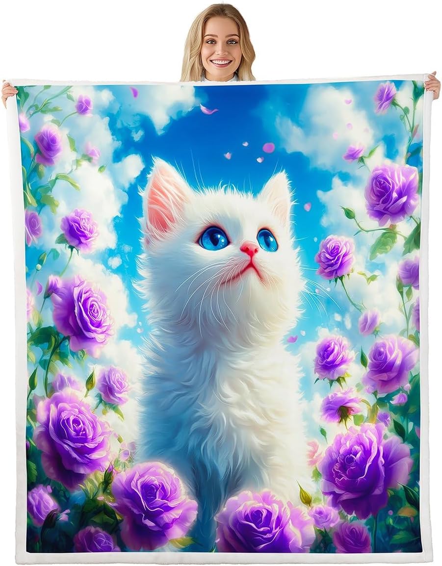 White Cat Kids Flannel Blanket,Kawaii Animal Cute Pet Print Fuzzy Blanket for Children,Purple Floral Blue Sky Nature Polyester Throw Blanket for Couch, Twin Size (60 x 80 Inch)