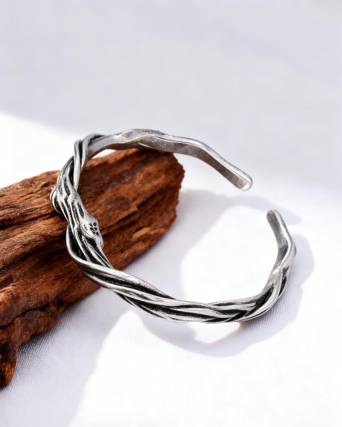 Handmade 925 Sterling Silver Vintage Bangle with Wood Grain Design for Women,Twisted Silver Carving Open Cuff Bangle Bracelet, Adjustable Open Retro Jewelry Gift for Women Mom Mothers Day - Image 5