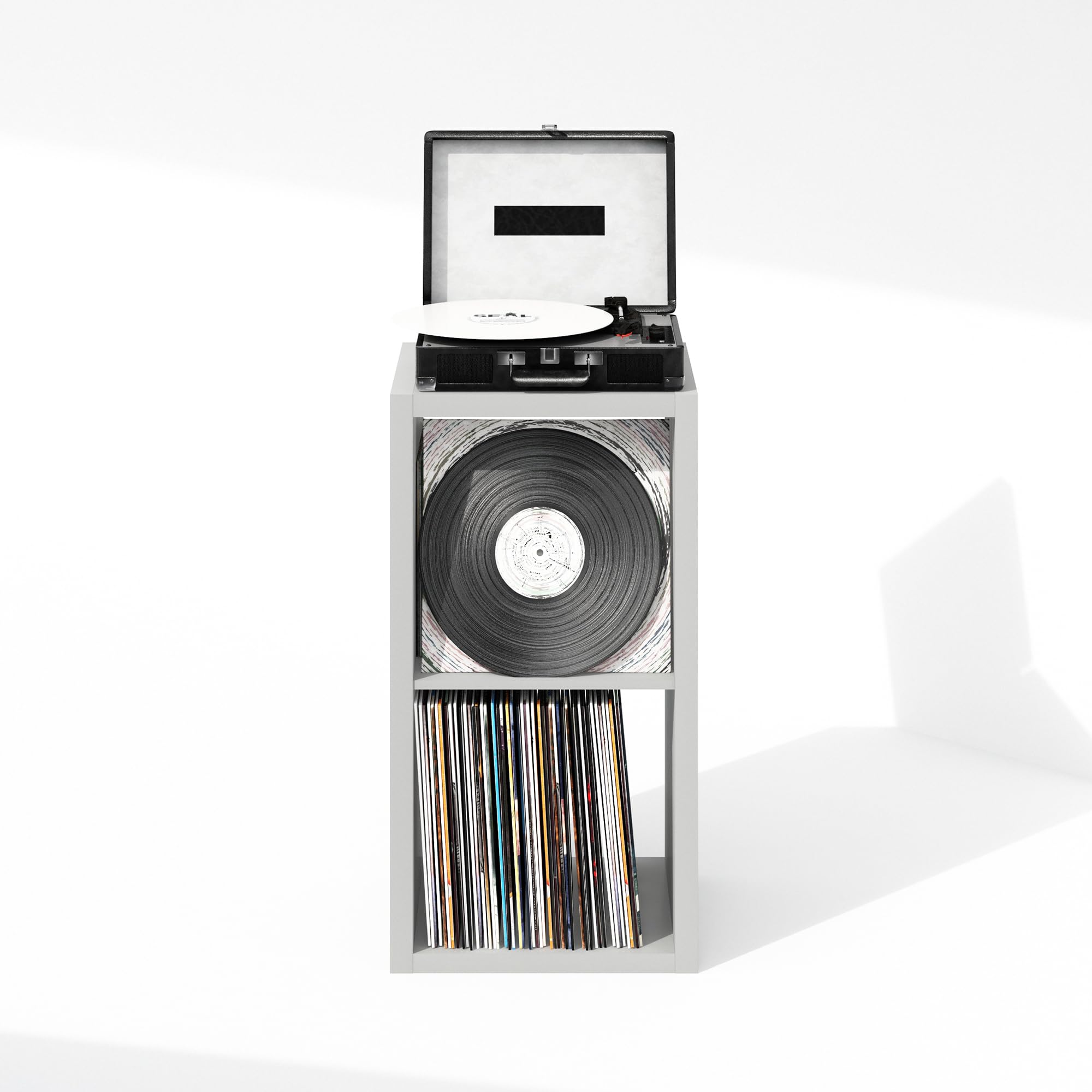 Furinno Cubicle Plattenspieler Regal mit Vinyl Aufbewahrung, 2-Würfel 1.2 Extra Dicke Vinyl Aufbewahrung, Offen Rückseitiges Medienregal für CD DVD Blueray Spiel Discs, für Wohnzimmer, Hellgrau