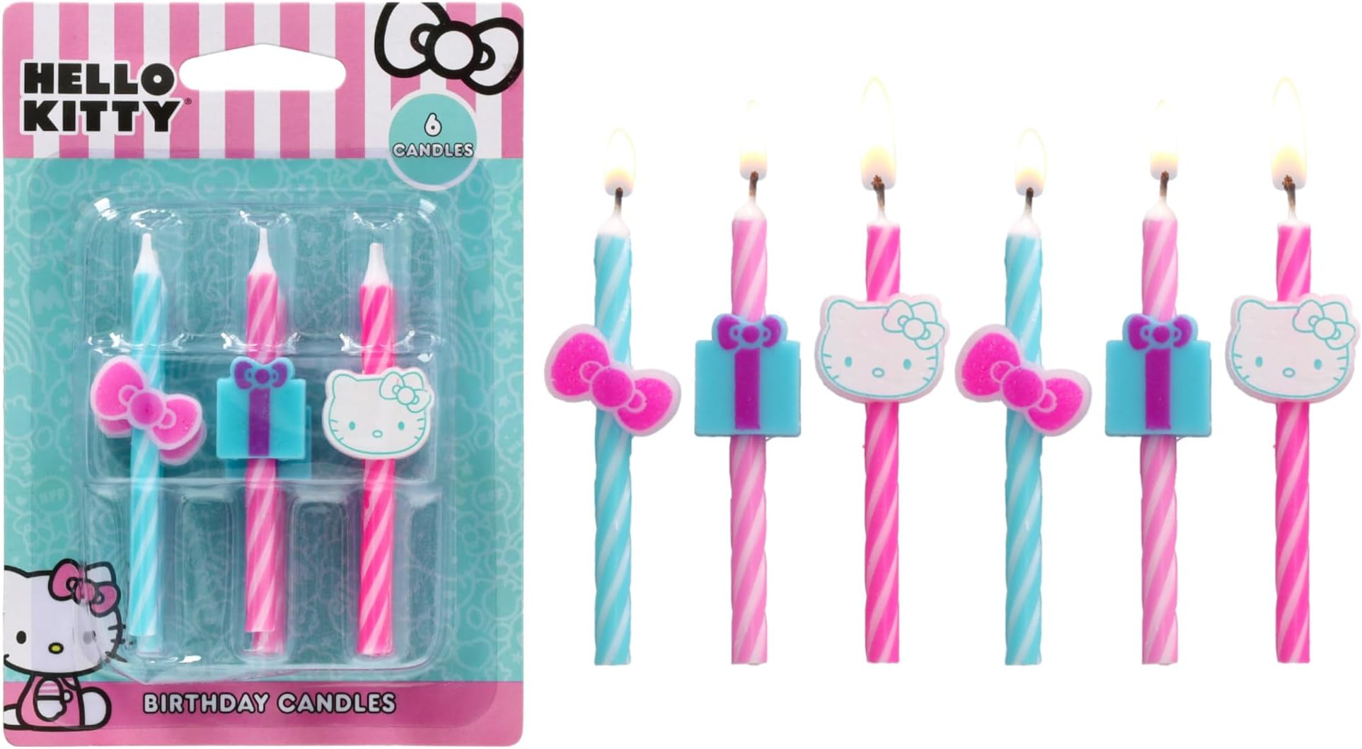 Hello Kitty® Birthday Cake Candles | 6 Birthday Candles for Cake Decorations, Pink & Blue Striped Candles, Cupcake Toppers for Hello Kitty® Party