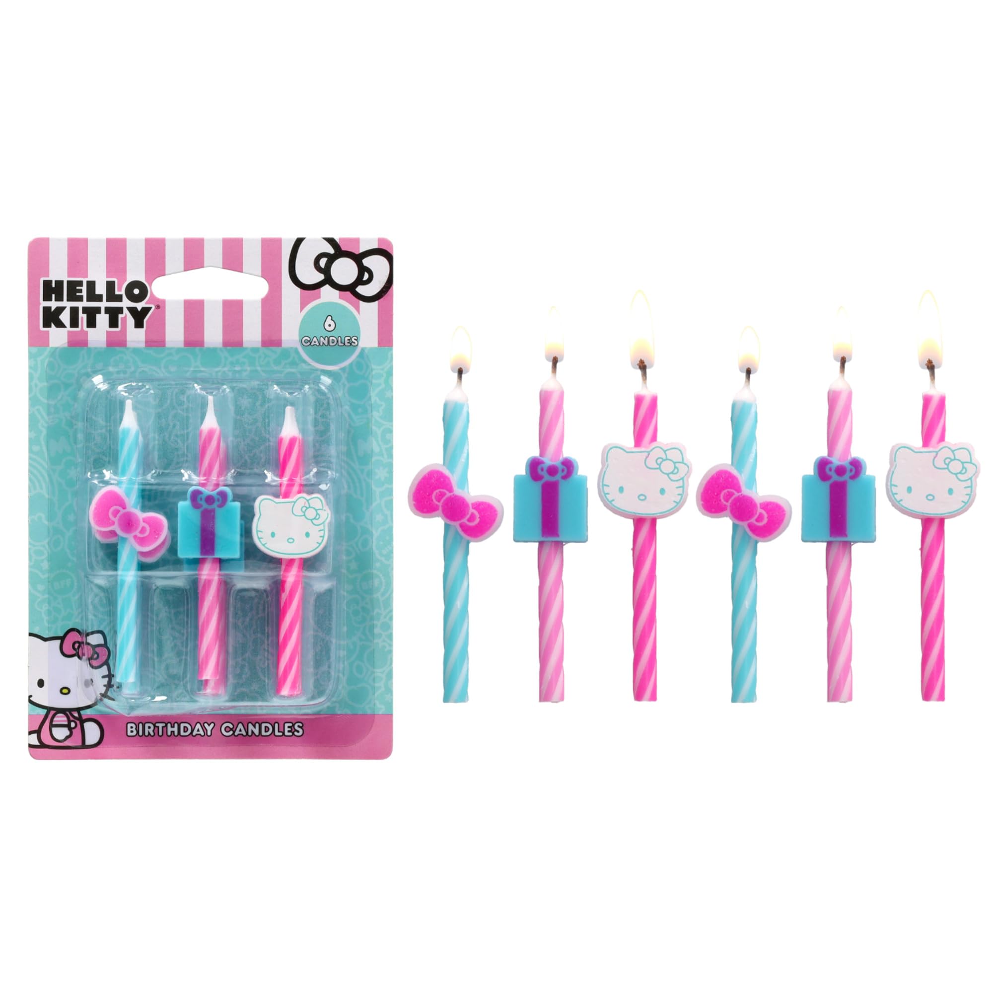 Hello Kitty® Birthday Cake Candles | 6 Birthday Candles for Cake Decorations, Pink & Blue Striped Candles, Cupcake Toppers for Hello Kitty® Party
