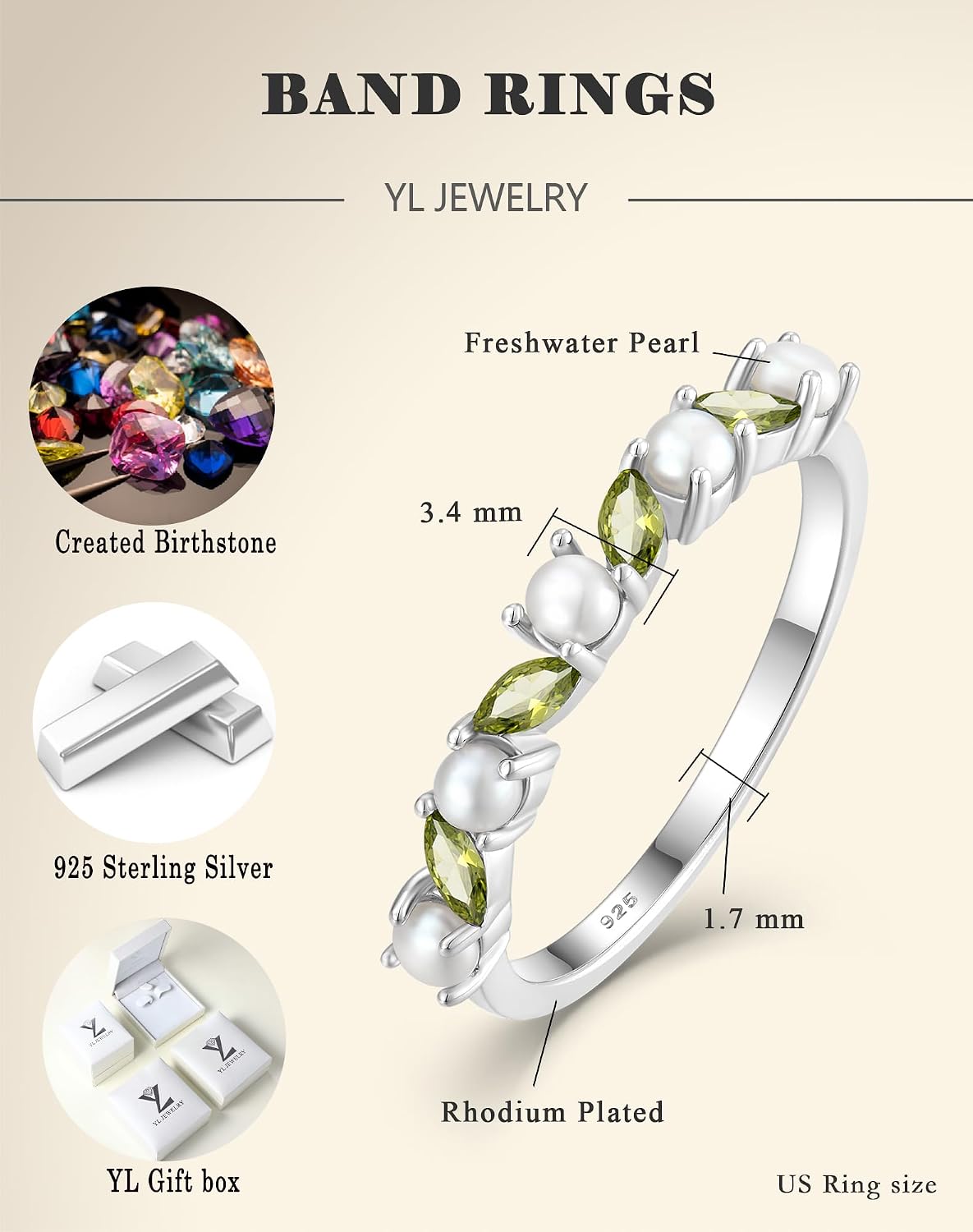 YL Halo Freshwater Pearl Birthstone Ring for Women, Solid 925 Sterling Silver 18K White Gold Plated Eternity Stackable Jewelry Stacking Gifts