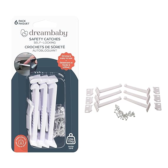 Dreambaby Safety Catches - Child Proof Cabinet & Drawers Locks Latches - White - 6 Count - Model L101