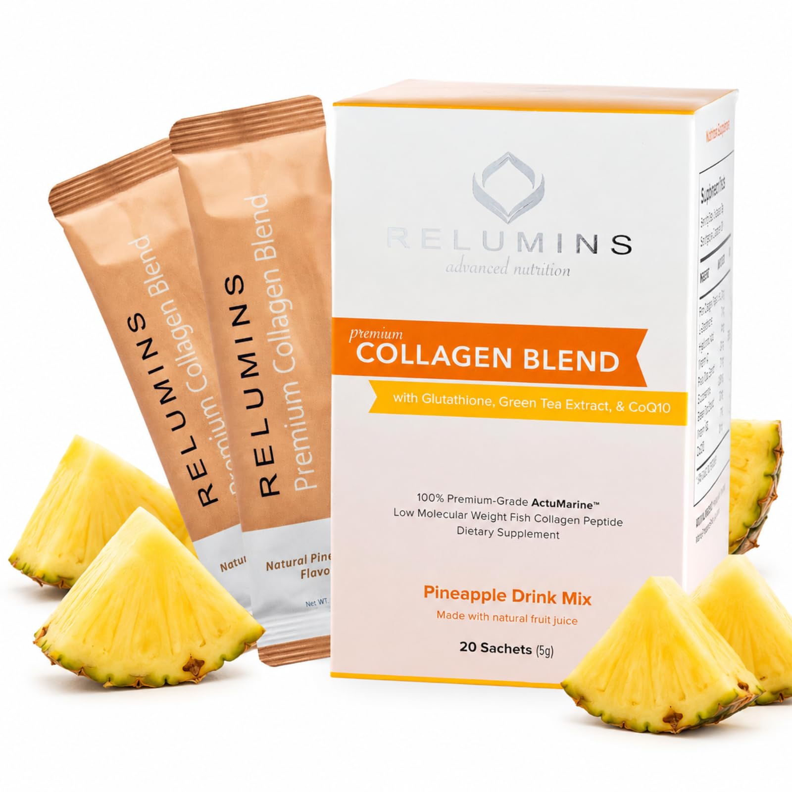 Amazon.com: Relumins Marine Collagen Drink Mix 5000mg Type I, II, III Peptides with Glutathione, Green Tea, CoQ10 & Hyaluronic Acid for Smooth Glowing Skin - Pineapple Flavor Amazon.com: Relumins Marine Collagen Drink Mix 5000mg Type I, II, III Peptides with Glutathione, Green Tea, CoQ10 & Hyaluronic Acid for Smooth Glowing Skin - Pineapple Flavor