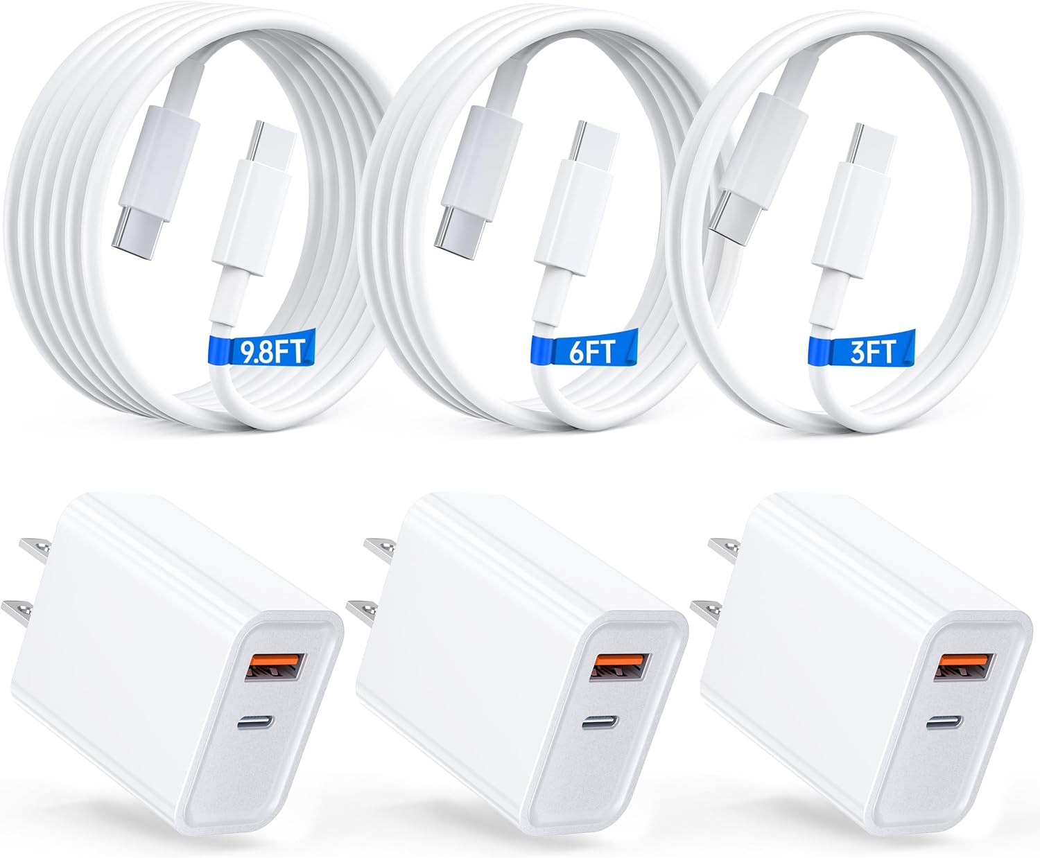 3-Pack Set USB-C Wall Charger, 20W Durable Dual Port iPhone Charger Fast Charging,Includes 3 USB-C to C Cables, for iPhone 17/16/15/14 Pro/Pro Max/Plus, XS/XR/X, White