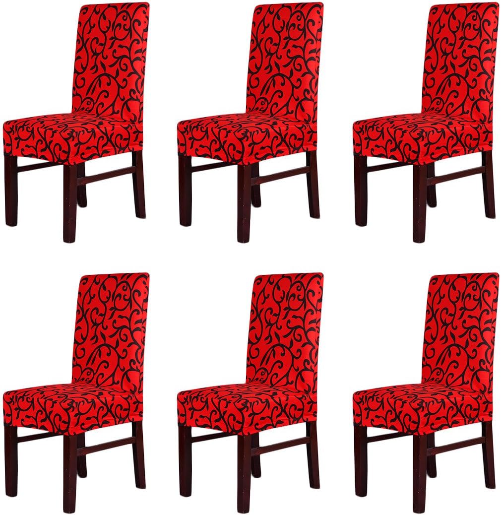 6 Pieces Dining Chair Cover Stretch Chair Slipcover for Kitchen Wedding Hotel Resturant (Red & Black)