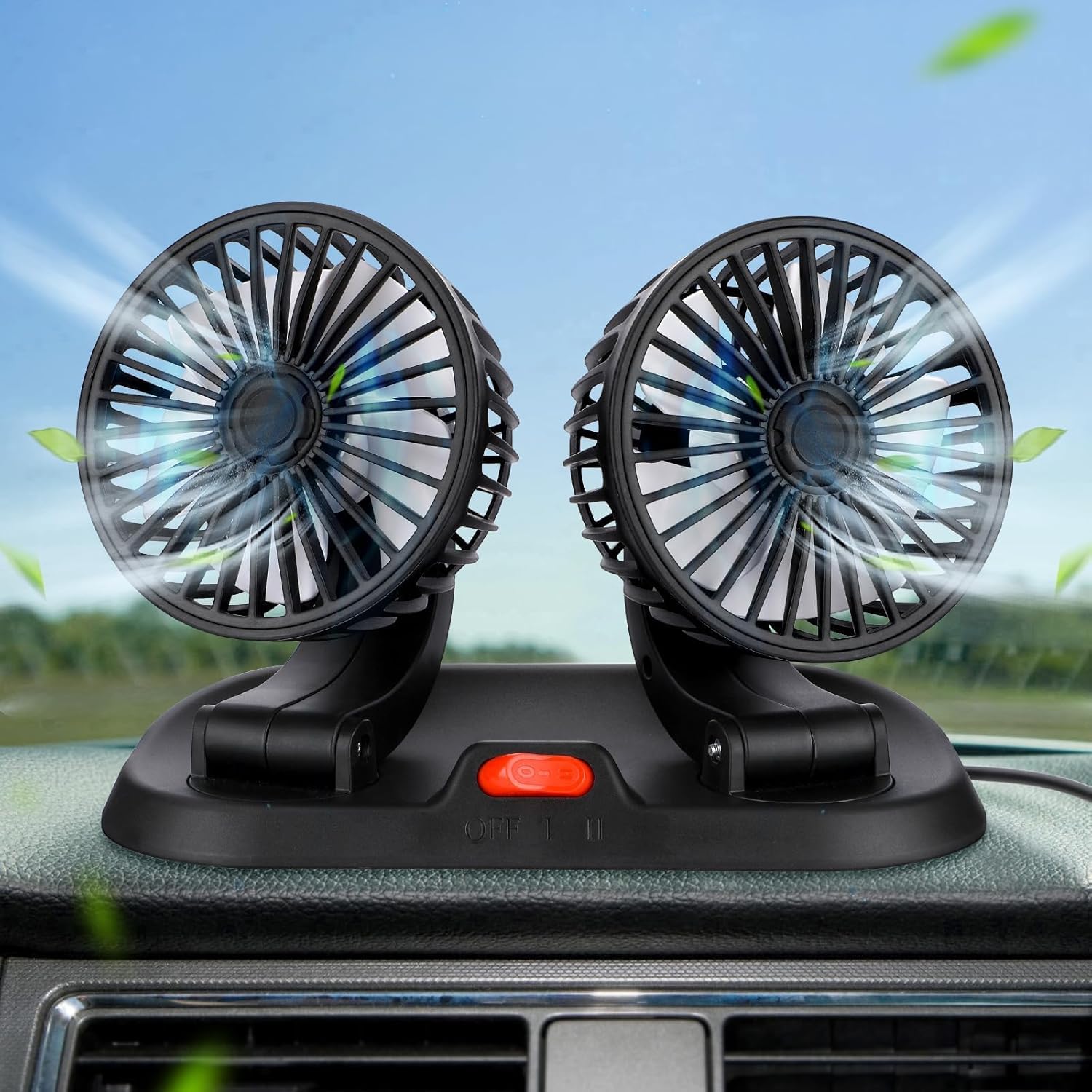Ventilateur Double Têtes - Rotation à 360° - 12V USB Ventilateurs de Refroidissement Avec 2 Vitesses - Pour tableau, Bureau de bord - Mini Portable Ventilateuren de table - Ventouse (5v)