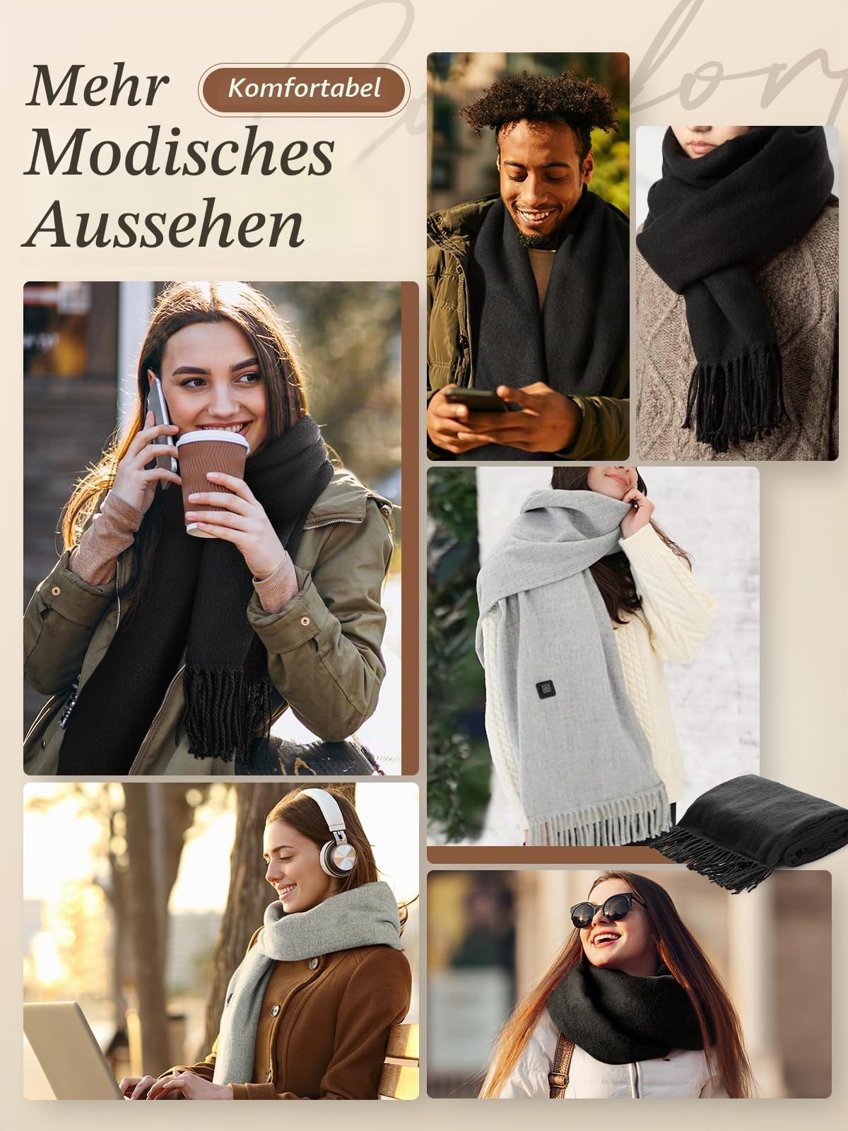 eventek Winter Selbst Heizung mit Batterie Solid Farbe Schal weiche Quaste Männer Frauen lange Schal mit Batterie (grau)