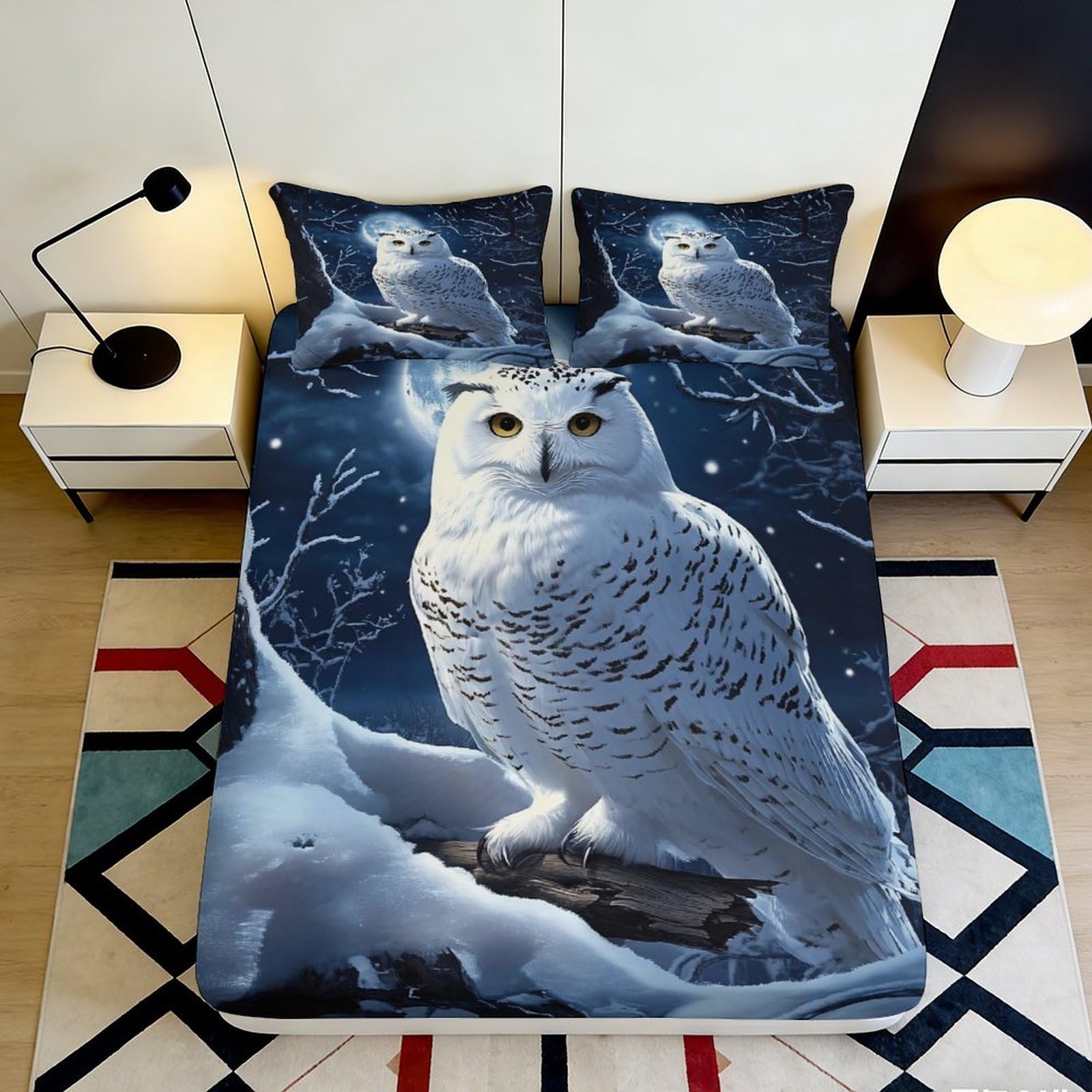 Jqzkxnhpbr Style-10 3D Printed Snowy Owl Fitted Sheet Microfiber Soft Bed Cover Winter Forest Mattress Cover Bedroom Decor 90X200x25cm