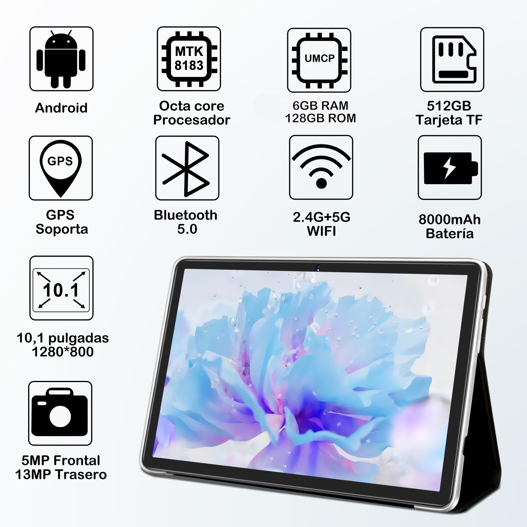 Tablet 10 Pulgadas PC Tableta Octa-Core 2.0 GHz 128GB ROM（TF 1TB） / 8000 mAh / 5G + 2.4G WiFi/Bluetooth 5.0 / GMS / 5MP+13MP /, Tablet con Funda Gris