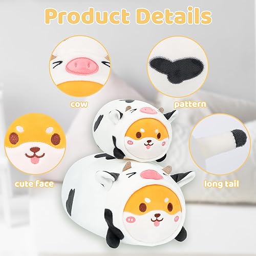 Miniatura 3 de AIXINI Linda almohada de peluche Shiba Inu de vaca de 15.7 pulgadas, animal de peluche de vaca Akita, suave Kawaii Shiba Inu con disfraz de vaca,