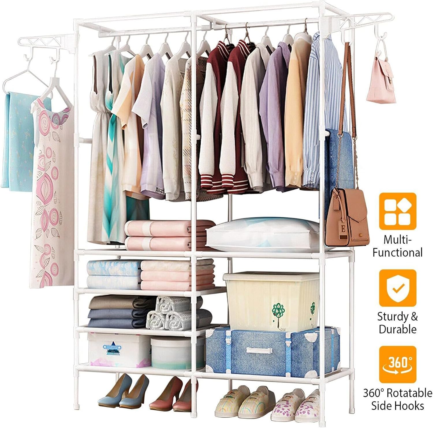 Qivine Metal Garment Rack with Shelves, Freestanding Clothes Rack, White Garment Rack for Hanging Clothes