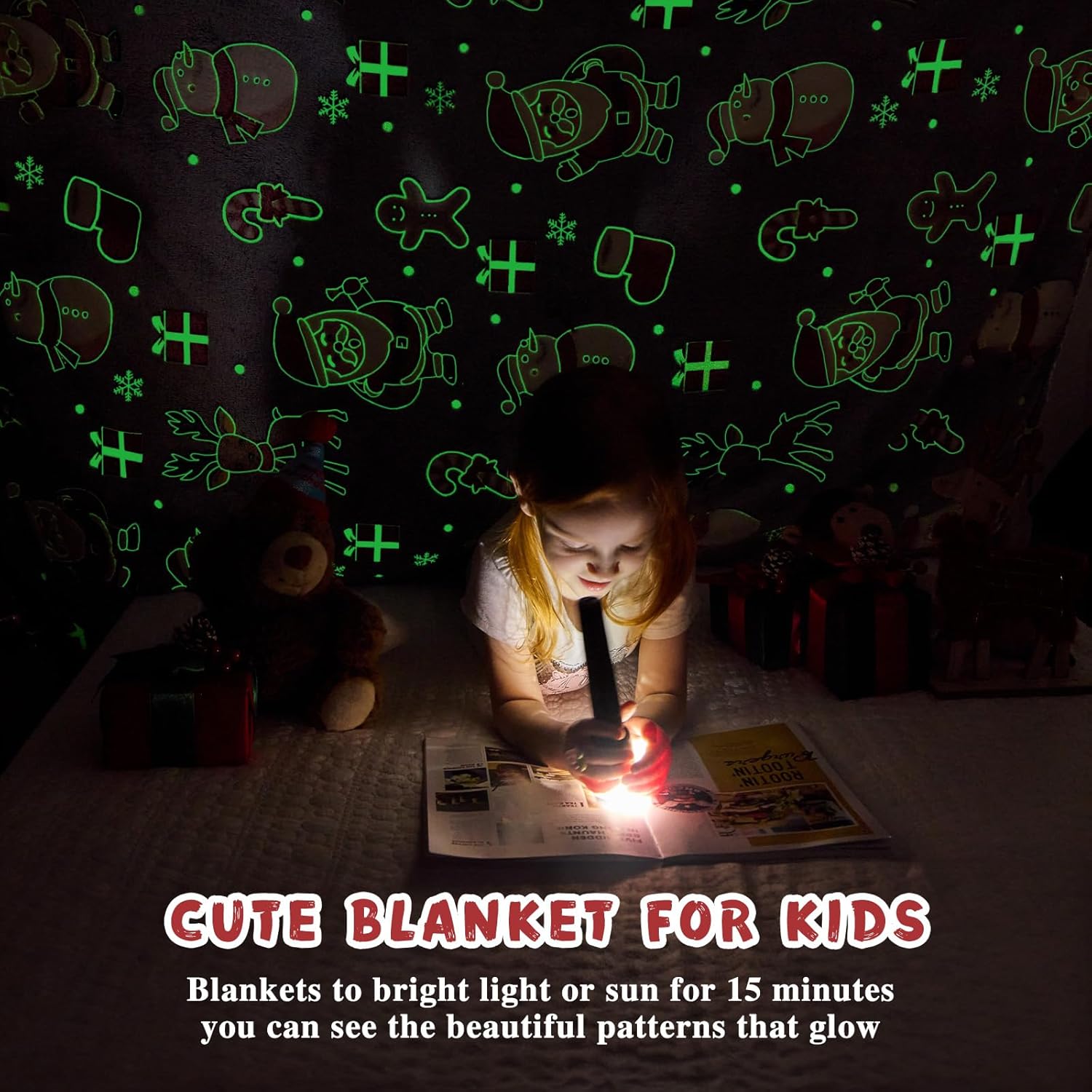 inhand Christmas Blanket,Glow in The Dark Blanket for Kids/Girls/Boys/Toddler Soft Flannel Red Santa Claus Gingerbread Candy Canes Christmas Throw Blankets for Age 3 4 5 6 7 8 9 10 11 12 13 Year Old - Image 3
