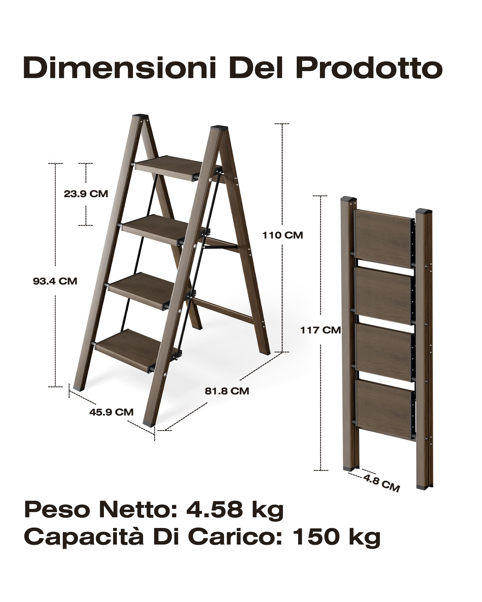 Scaletta pieghevole a 4 livelli, capacità 150 kg, con pedale antiscivolo, sgabello portatile in alluminio, facile da riporre, per interni ed esterni, aspetto estetico, effetto noce