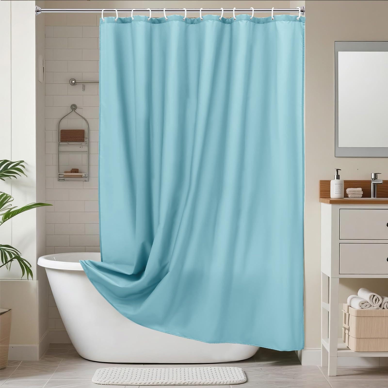 Cortina de Ducha de Color Azul sólido, 220 x 200 cm, Extra Larga, de Tela, poliéster Suave, Repelente al Agua, de Secado rápido, con Ganchos.