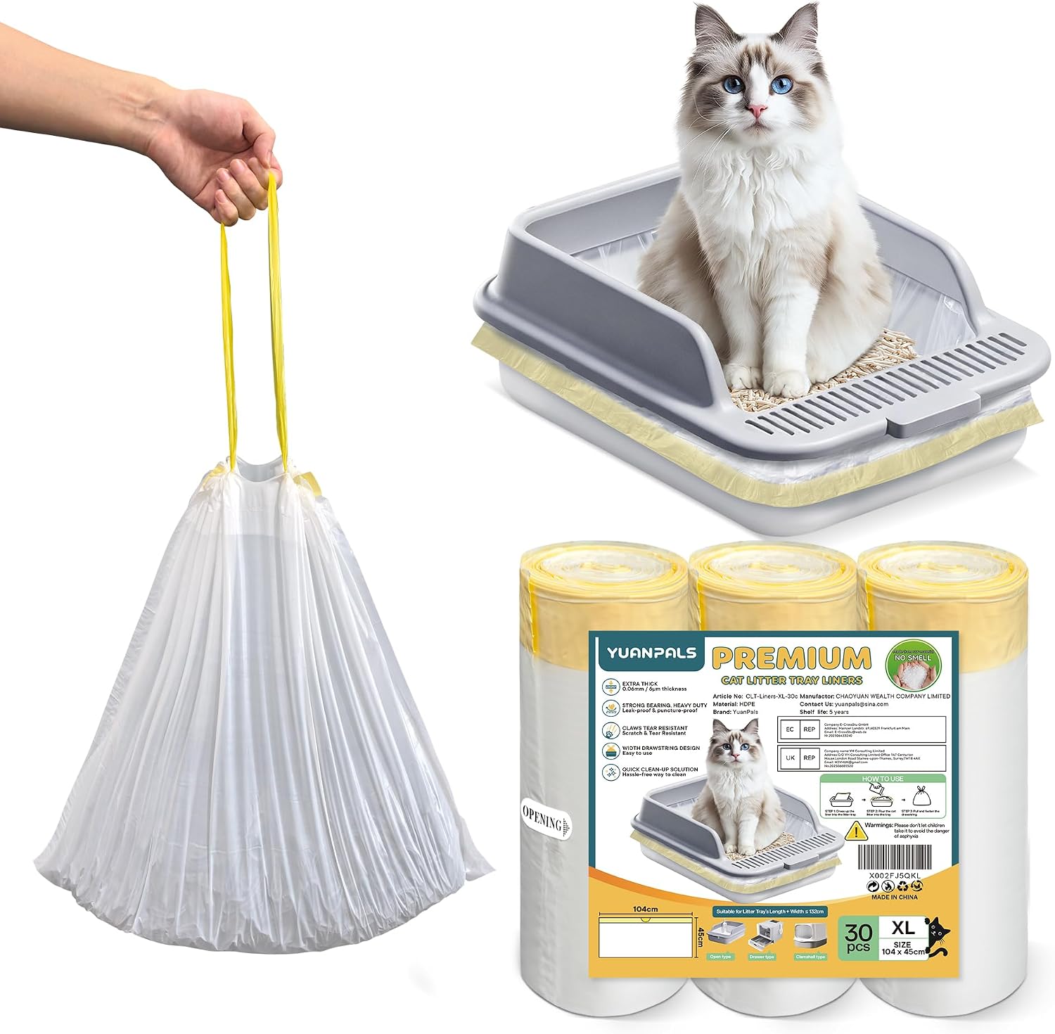 30pcs Cat Litter Tray Liners with Drawstrings Scratch Resistant Bags for Small Litter Box-L(94x45CM))