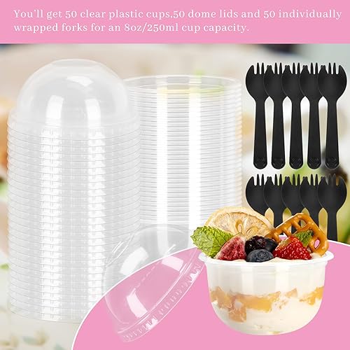 Miniatura 4 de 50 juegos de tazas de postre de plástico transparente con tapas de cúpula y tenedores, cuencos redondos desechables para cupcakes, sin agujeros,