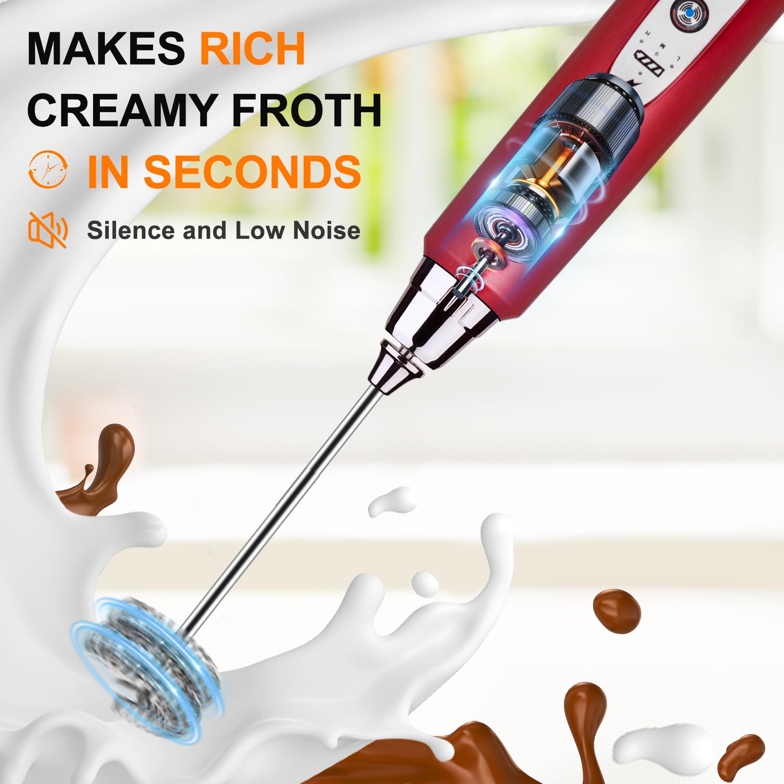 YUSWKO Red Milk Mousseur à lait portatif avec 3 têtes, fouet à café mélangeur en mousse avec 3 vitesses rechargeable par USB, mini mousseur manuel électrique pour latte, cappuccino, chocolat chaud