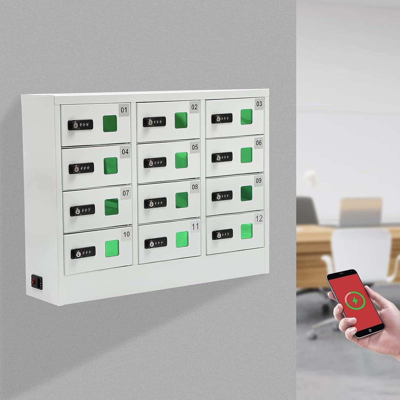 JozyJul 12Slots Cell Phone Charging Station Locker Mobile Phone Locker Cellphone Locker Storage with Acrylic Window,Cellphone Locker Cabinet with Charger for Classroom