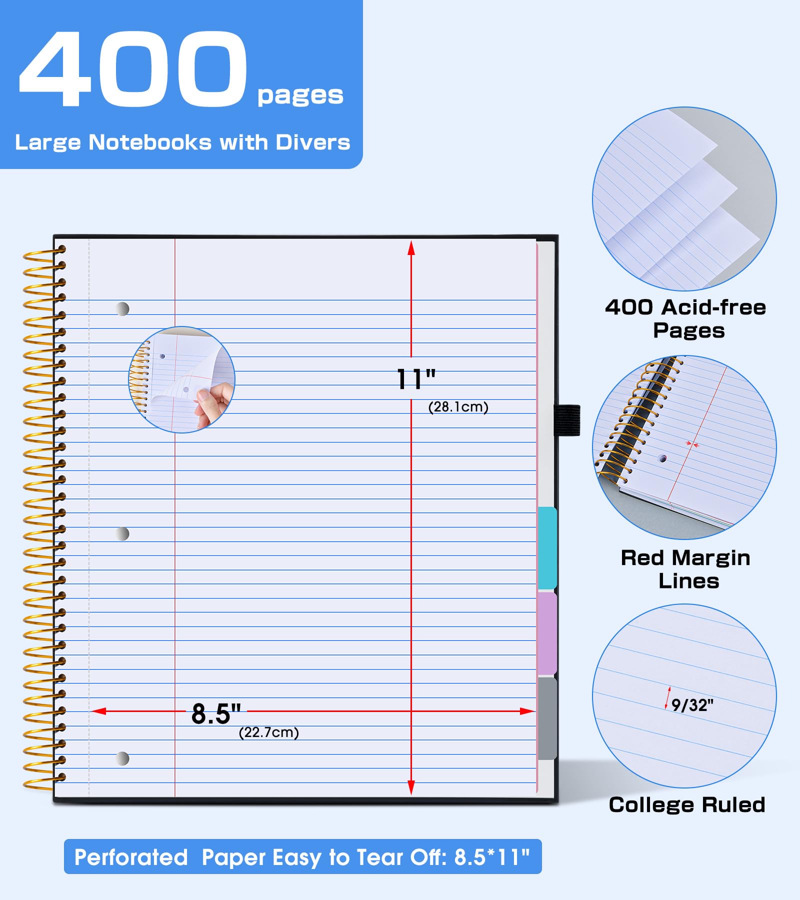Notatnik z 5 tematami, w linie uczelni, gruby papier 80 g/m², w twardej okładce, notatnik w linie, ze zdejmowanymi przegrodami, 400 stron, duży papier, 21,5 x 28 cm, do pracy w szkole, z 3 otworami