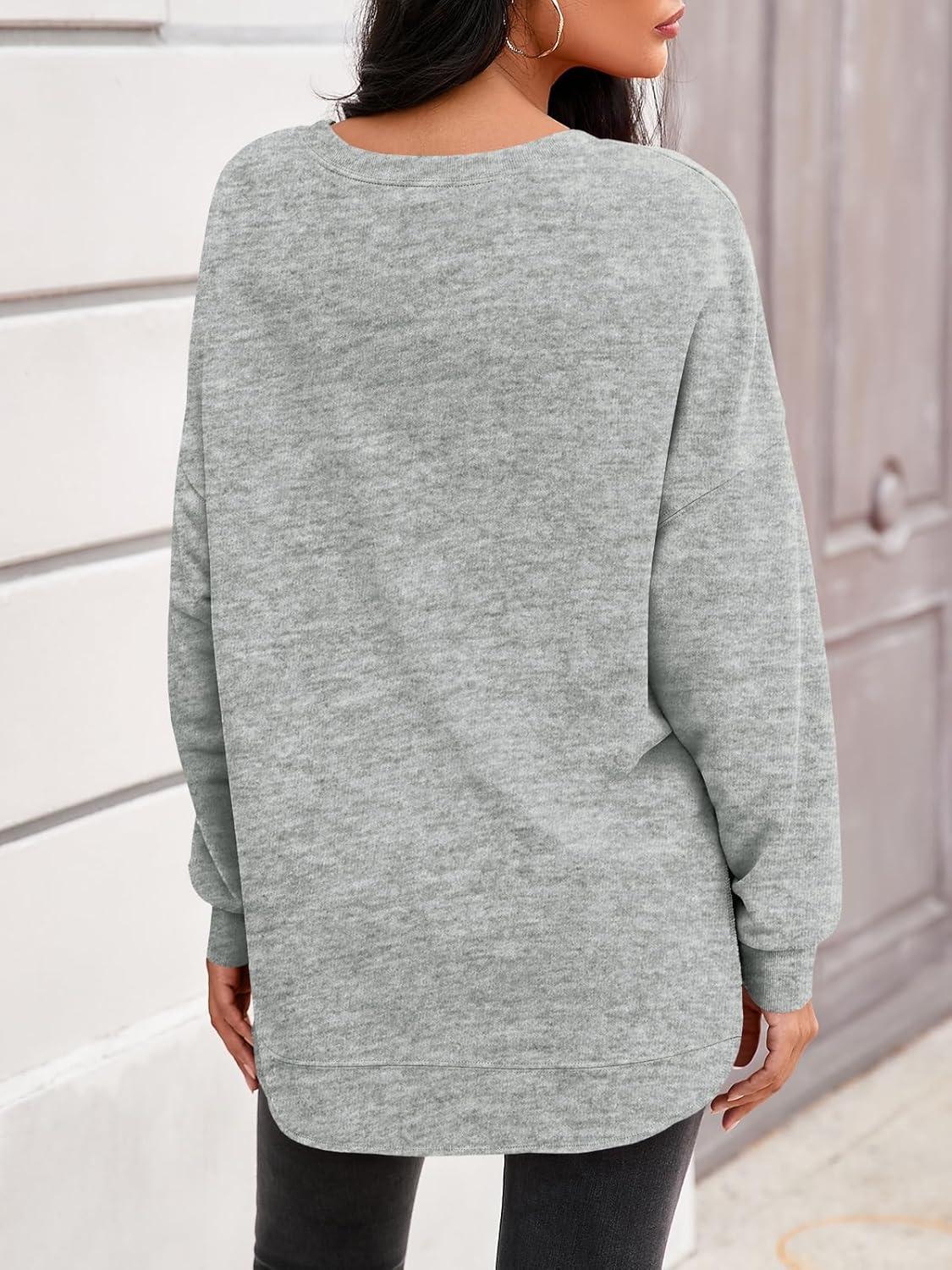 Fisoew Womens Crewneck Sweatshirts Casual Long Sleeve Side Split Hihg Low Curved Hem Shirts Loose Fall Tunic Tops - Image 4