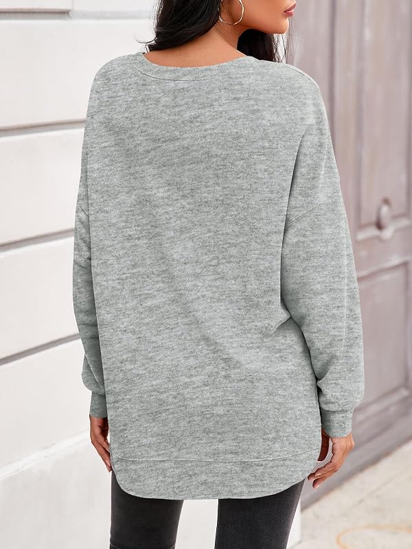 Fisoew Womens Crewneck Sweatshirts Casual Long Sleeve Side Split Hihg Low Curved Hem Shirts Loose Fall Tunic Tops Grey image 4