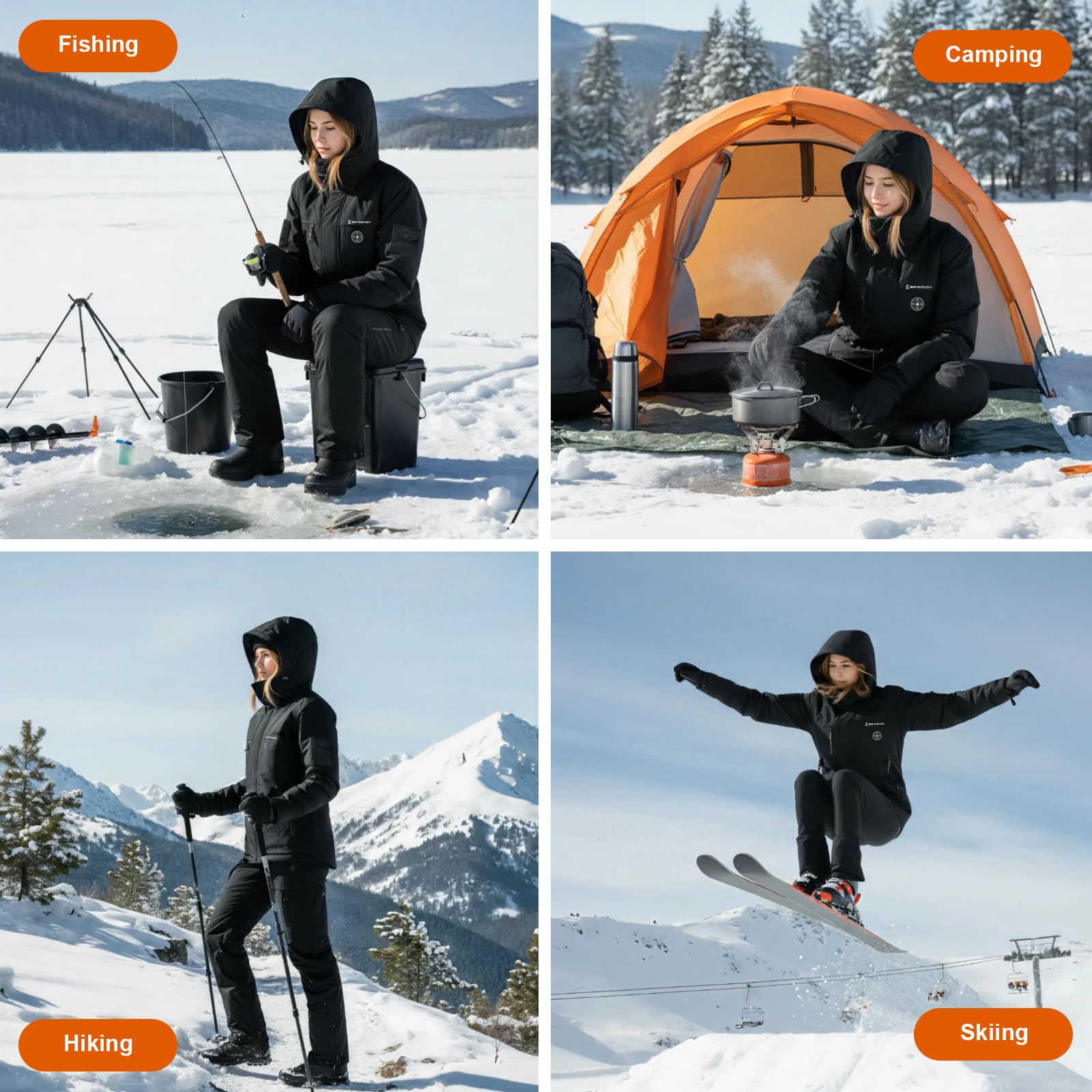 Chaqueta Calefactable Mujer Capucha de Esquí con Grafeno, Impermeable y Cortaviento, Forro Polar, 6 Zonas de Calor, Batería 20000mAh para Senderismo y Invierno