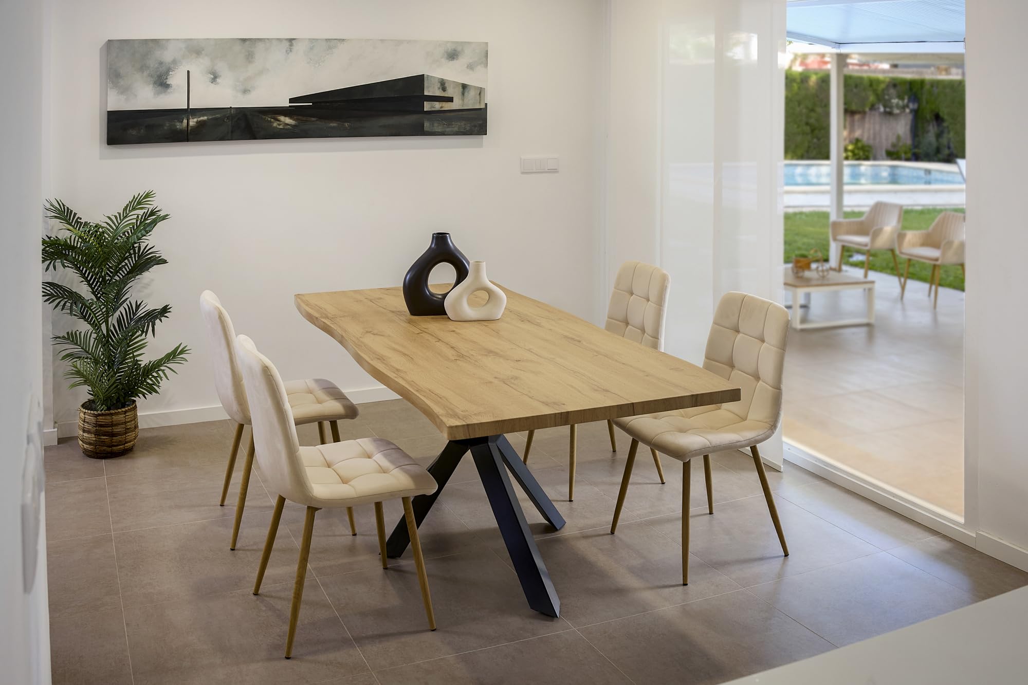 DUPI Mesa de Comedor Fija Nordic, Efecto Madera Natural, Patas Metálicas Grafito, Diseño Industrial, 140x90cm