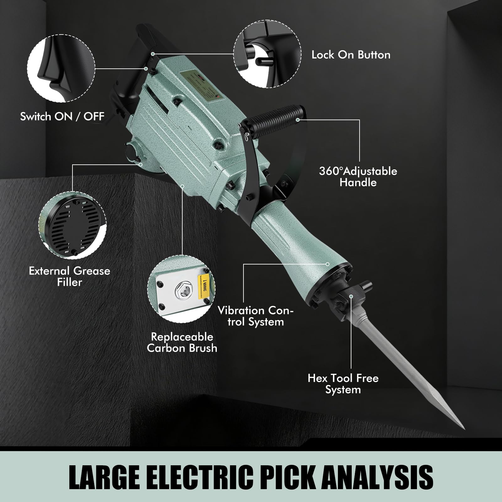 Taladro percutor eléctrico de 65 A con motor de 1250 W, taladro de impacto de alto rendimiento para hormigón y mampostería, compatible con brocas PH65