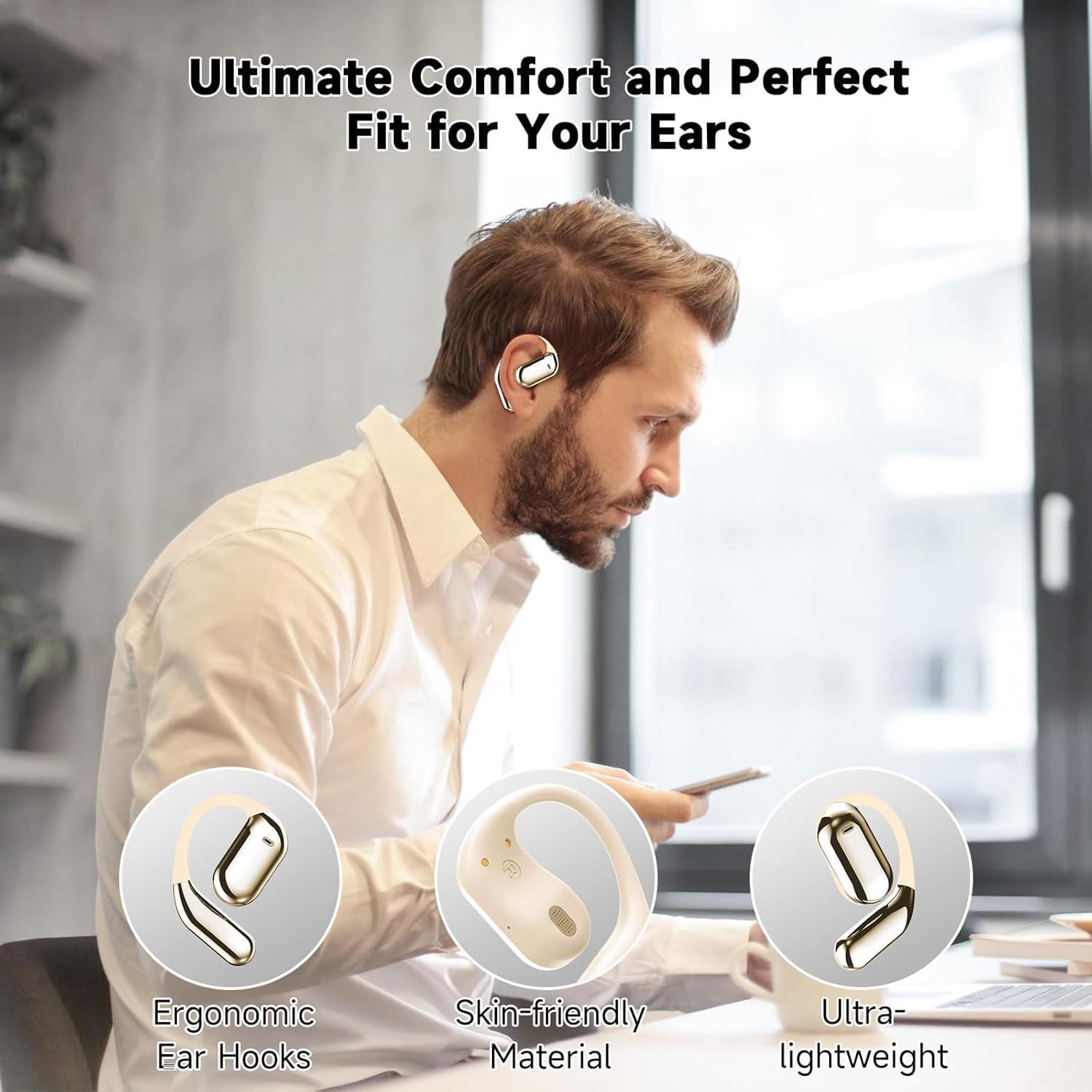 Auricolari Bluetooth 5.4 aperti, cuffie wireless sportive con microfono integrato con ganci per le orecchie, 60 ore di autonomia, ricarica rapida, impermeabilità IPX7 per correre/allenamento