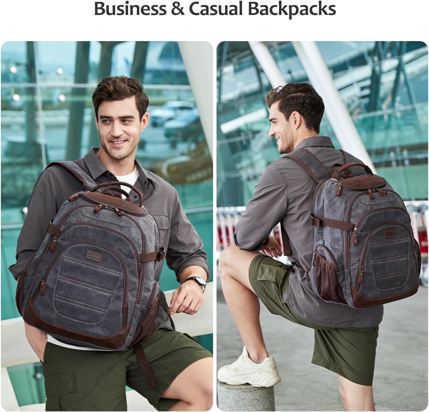 Travel Laptop Backpack 17.3 inch XL Computer Backpack for Men Waxed Canvas College Daypack Business Backpack Black Gray - Image 2