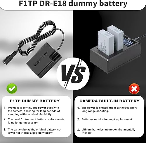 Miniatura 6 de F1TP para Canon R50 Batería ficticia ACK-E18 Adaptador de fuente de alimentación de CA DR-E18 Kit de acoplador de CC para Canon EOS Rebel R50 R100