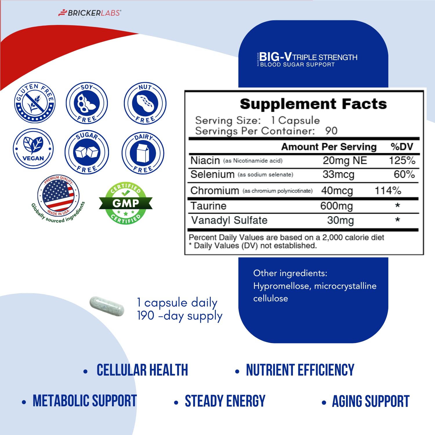 Bricker Labs Big-V Triple Strength Vanadyl Supplement: Vanadyl Sulfate 30 mg, Taurine 600 mg, Selenium, Chromium and Niacin, Blended Mineral Supplement Capsules 90 ct — Amazon image 5