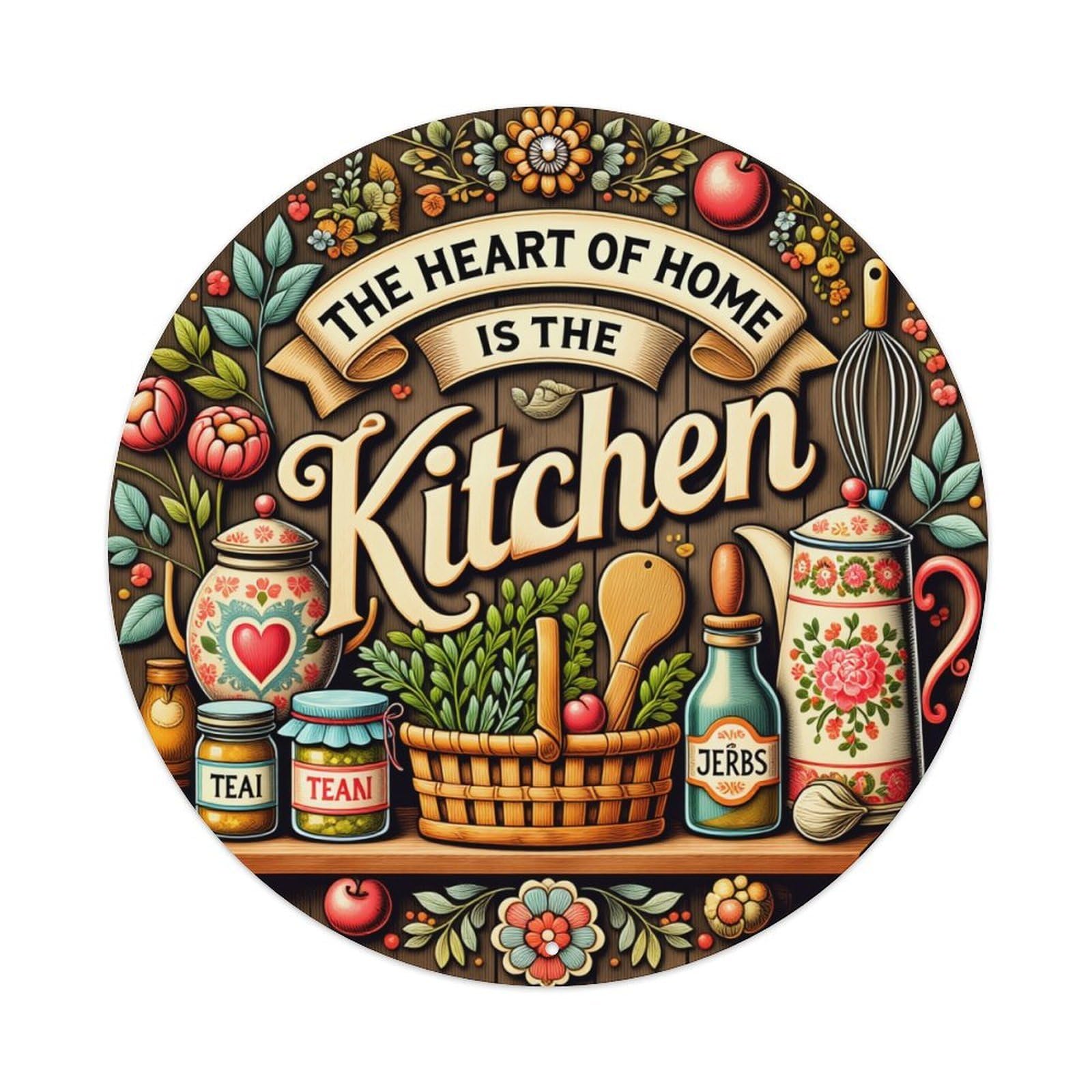 Floral Kitchen Utensils Jar Pattern Round Tin Sign Vintage Metal Poster, Home Bar Garage Man Cave Cafe Indoor & Outdoor Wall Decoration 8x8Inches