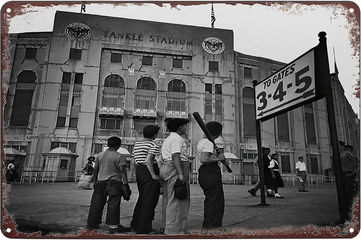 Yankee Stadium Boys New York 1950 Era Baseball Nostalgia Poster Vintage Metal Tin Sign Wall Art Plaque Decor for Home Bar Pub Club Cafe 8x12 inch