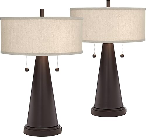 Miniatura 2 de Franklin Iron Works Craig - Juego de 2 lámparas de mesa rústicas de 23 pulgadas de alto con puertos USB A+C, pantalla de tambor natural de metal